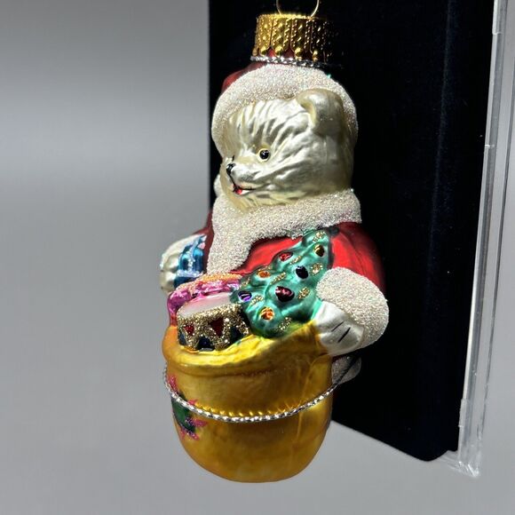 Santas Workbench Christmas Ornament Hand Crafted Glass Santa Bear w/Bag of Gifts - Picture 6 of 8